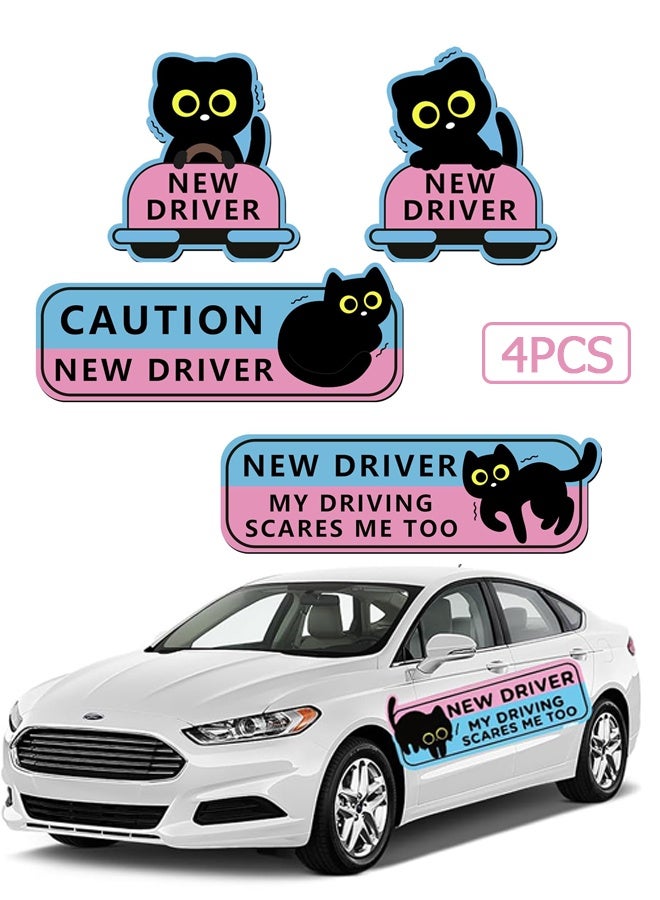 Wffo 4Pcs Black Cat New Driver Car Magnet Sticker Safety Sign, Cute Shivering Cat Student Driver Sign for Car Bumper, Funny Cartoon Nervous Caution Reusable Supplies - Image 1